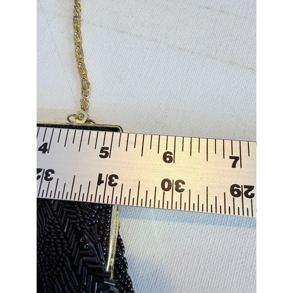 Vintage 80s La Regale Black Beaded Chevron Evening Bag Gold Chain Clutch Purse